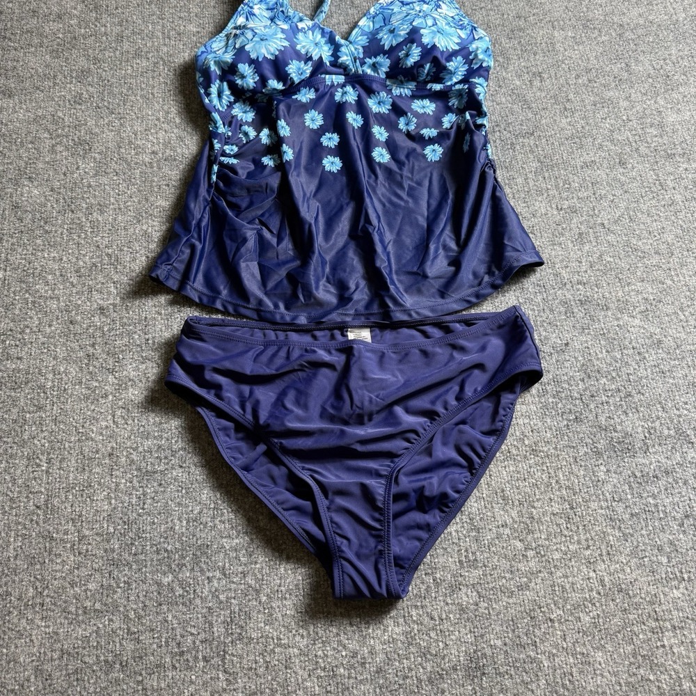 Blue Floral Halter Tankini Set Large Two Piece Bathing Suit High Waist Bottoms
